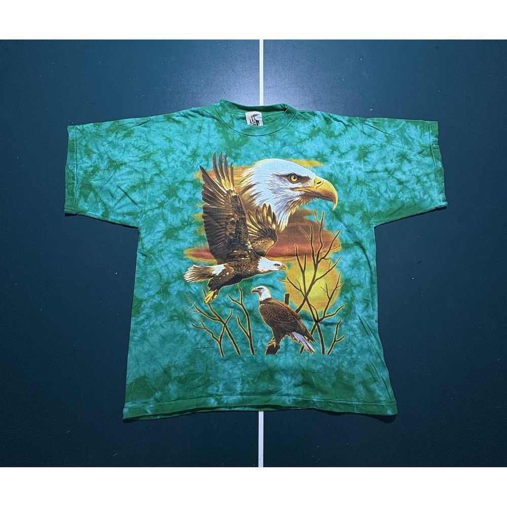 Vintage Bald Eagle All Over Print T-Shirt Size Large Single Stitch Tie Dye 90s